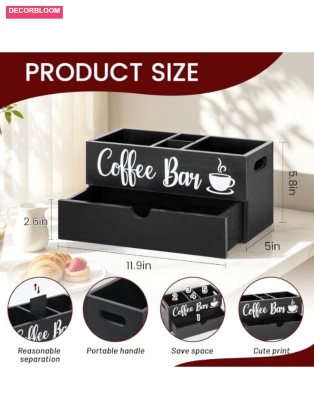 Farmhouse Coffee Station Organizer with Drawer | Wood Coffee Bar Holder for - Picture 2 of 6